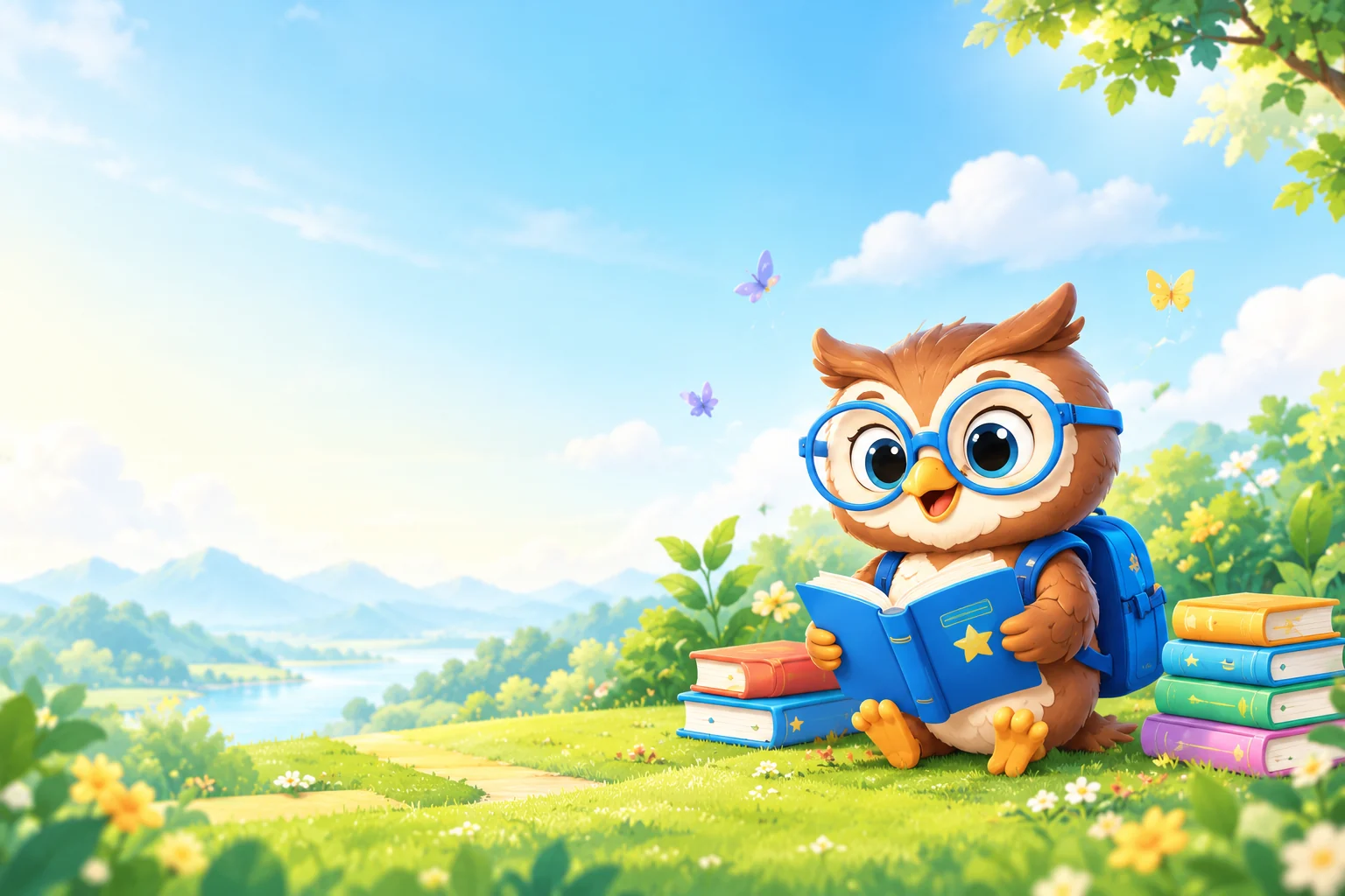 Milo – chú cú đeo kính xanh – ngồi đọc sách trên bãi cỏ cạnh những chồng sách